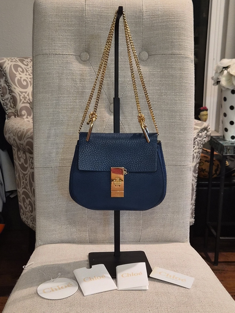 Chloé Drew Small Leather Crossbody Shoulder Bag Navy Blue Gold Chain